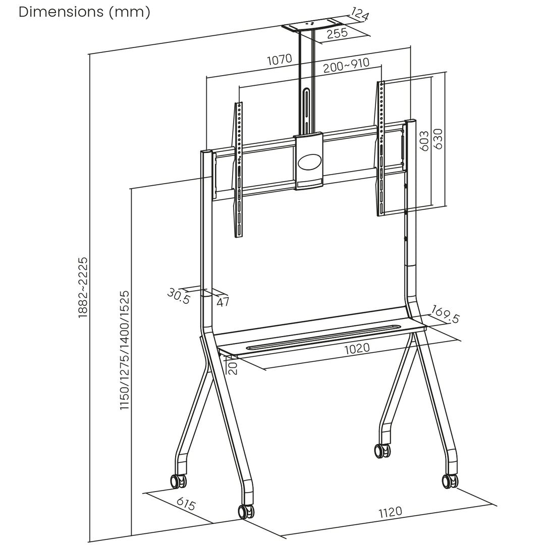 Supporto TV / carrello Maclean, ripiano per telecamera, su ruote, 55-100", carico massimo 120kg/10kg ripiano, max. VESA 900x600, bianco, MC-114 W