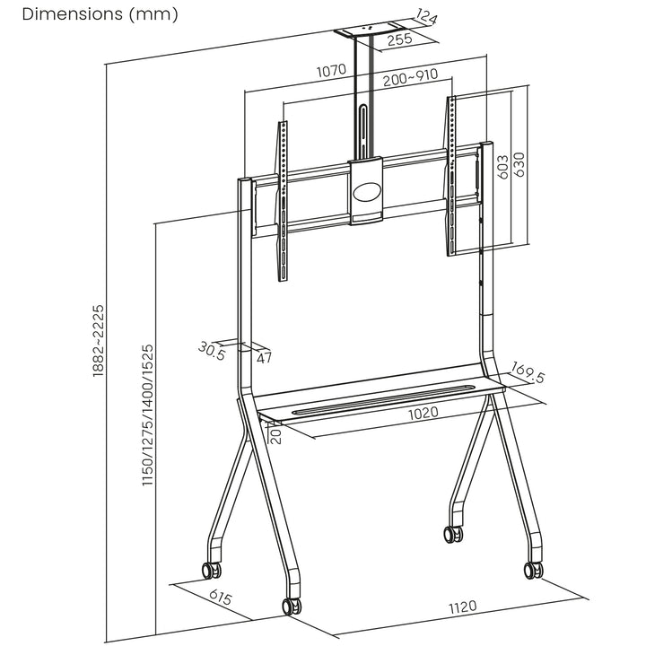 Supporto TV / carrello Maclean, ripiano per telecamera, su ruote, 55-100", carico massimo 120kg/10kg ripiano, max. VESA 900x600, bianco, MC-114 W