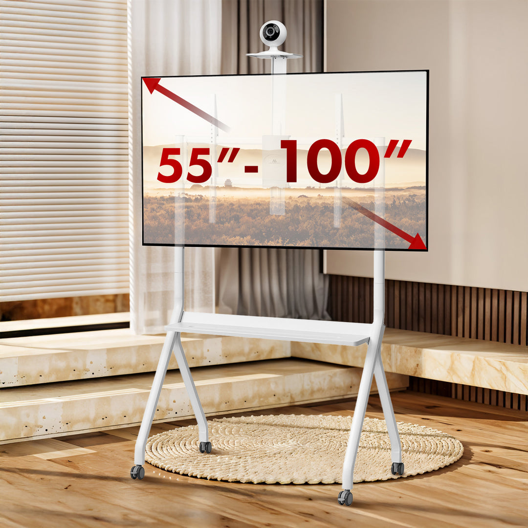 Supporto TV / carrello Maclean, ripiano per telecamera, su ruote, 55-100", carico massimo 120kg/10kg ripiano, max. VESA 900x600, bianco, MC-114 W