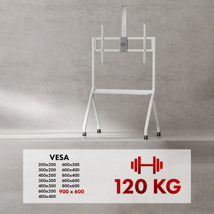 Supporto TV / carrello Maclean, ripiano per telecamera, su ruote, 55-100", carico massimo 120kg/10kg ripiano, max. VESA 900x600, bianco, MC-114 W