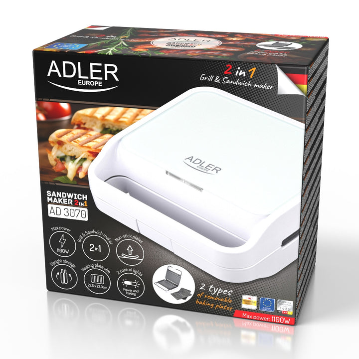 Tostapane Adler, griglia a contatto, 1100W, bianco, AD 3070