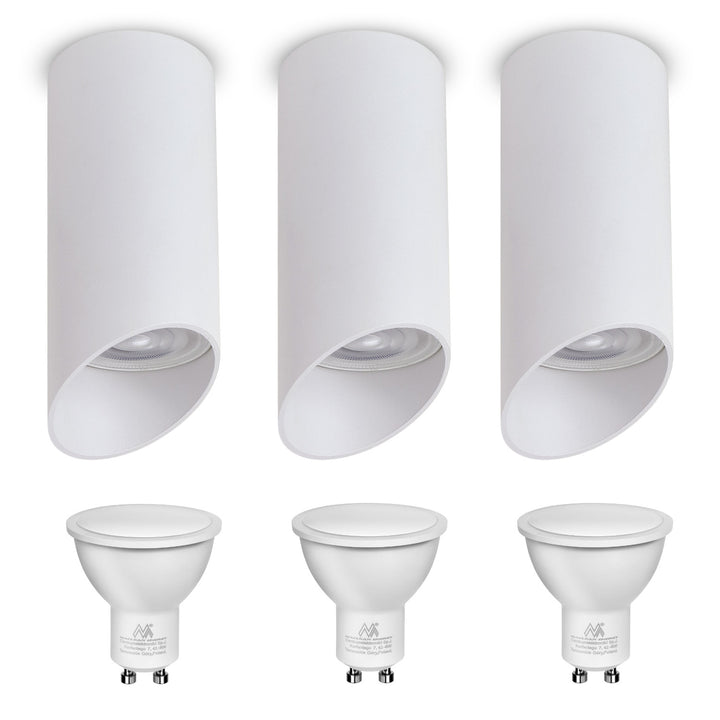 Maclean apparecchio/tubo per montaggio a superficie, spot, rotondo, alluminio, GU10, 55x130mm, bianco, MCE360 W 3pz+Lampada LED GU10 7W Maclean Energy MCE437 NW bianco neutro 4000K, 220-240V~, 50/60Hz 3pz