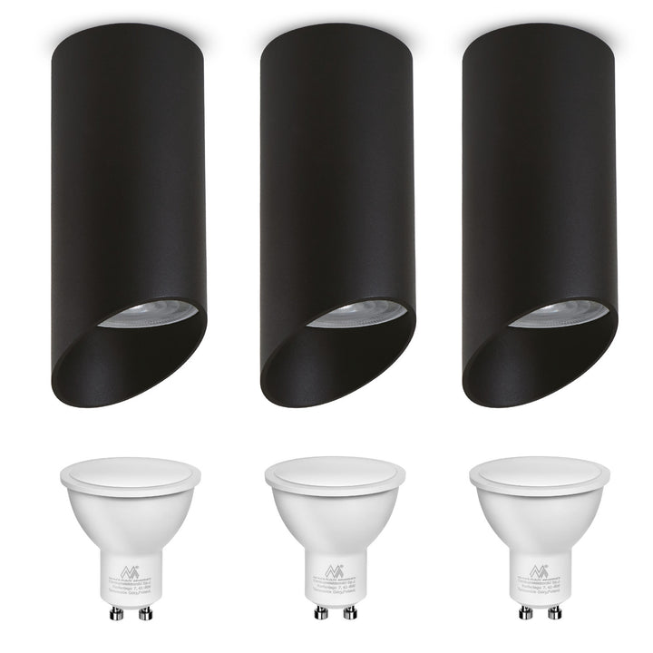 Maclean apparecchio a plafone/tubo, spot, rotondo, alluminio, GU10, 55x130mm, colore nero, MCE360 B 3 pezzi + lampadina LED GU10 7W Maclean Energy MCE437 NW bianco neutro 4000K, 220-240V~, 50/60Hz 3 pezzi