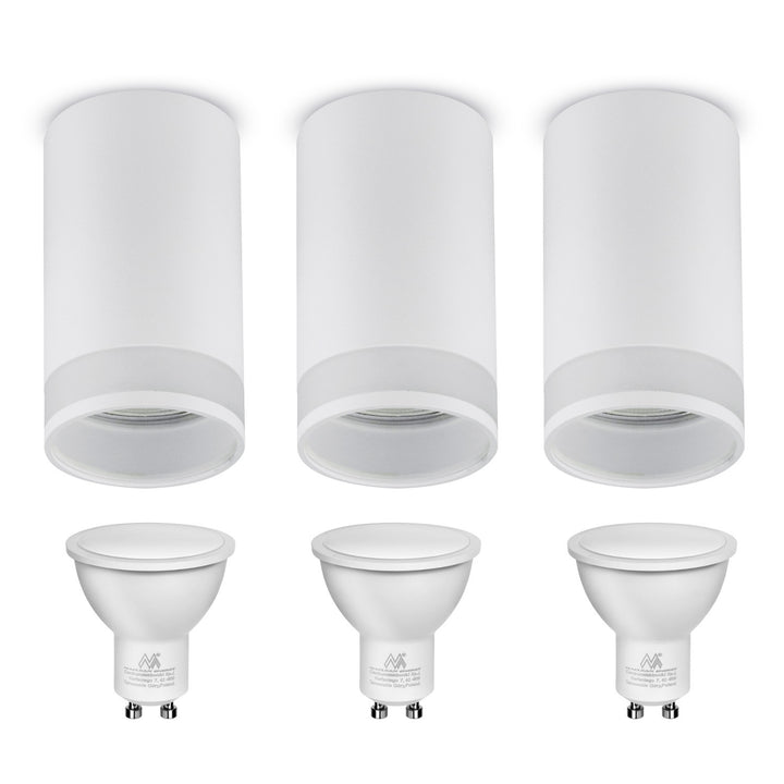 Maclean apparecchio/tubo per montaggio a superficie, spot, rotondo, alluminio, GU10, 55x130mm, bianco, MCE361 W 3pz+Lampada LED GU10 7W Maclean Energy MCE437 NW bianco neutro 4000K, 220-240V~, 50/60Hz 3pz