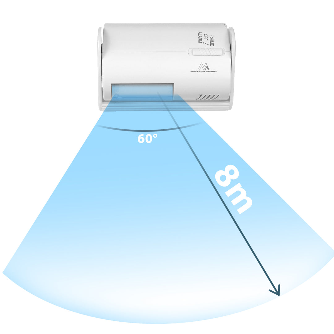 Dispositivo di segnalazione d'ingresso senza fili Maclean, sensore PIR, portata 8 m, alimentato da una batteria da 9 V CC, volume superiore a 70 dB, MCE311 W, 2 pezzi