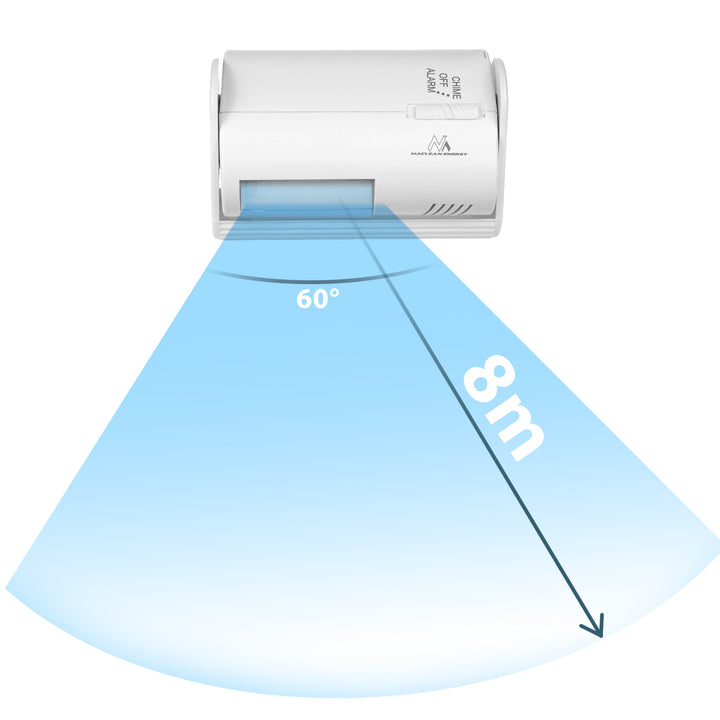 Dispositivo di segnalazione d'ingresso senza fili Maclean, sensore PIR, portata 8 m, alimentato da una batteria da 9 V CC, volume superiore a 70 dB, MCE311 W, 2 pezzi
