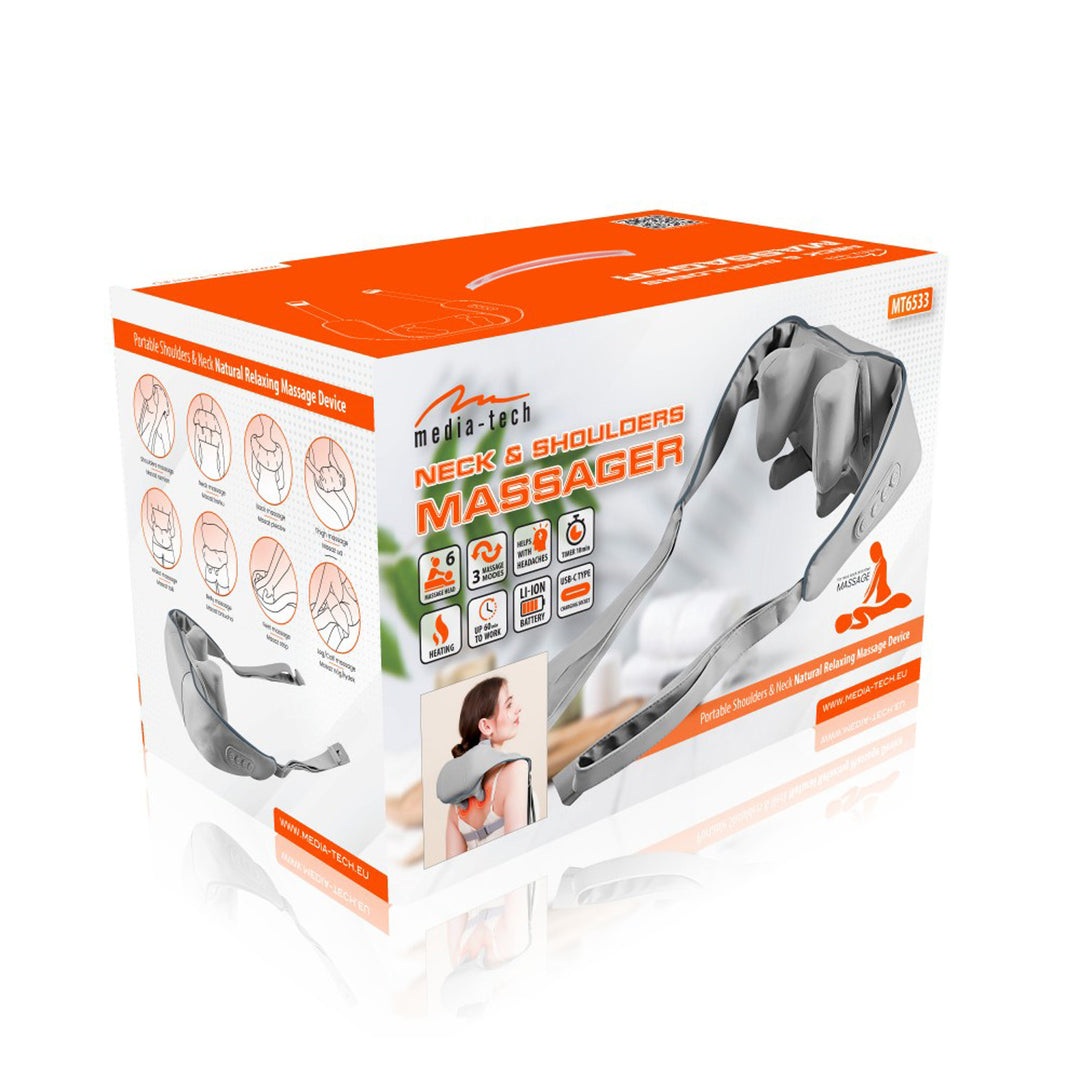 Massaggiatore per spalle e collo. Shiatsu, imitazione delle mani 5D, 6 teste massaggianti, 3 modalità, 3 velocità, senza fili, porta di ricarica USB-C MASSAGGIATORE PER COLLO E SPALLE