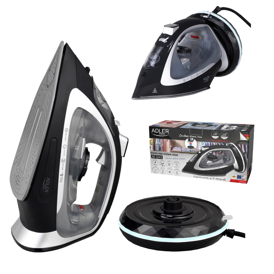 Ferro da stiro a vapore senza filo Adler, piastra in ceramica, 2800W, AD 5043