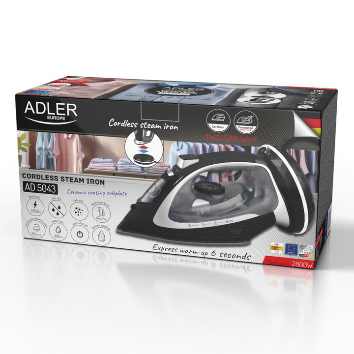 Ferro da stiro a vapore senza filo Adler, piastra in ceramica, 2800W, AD 5043