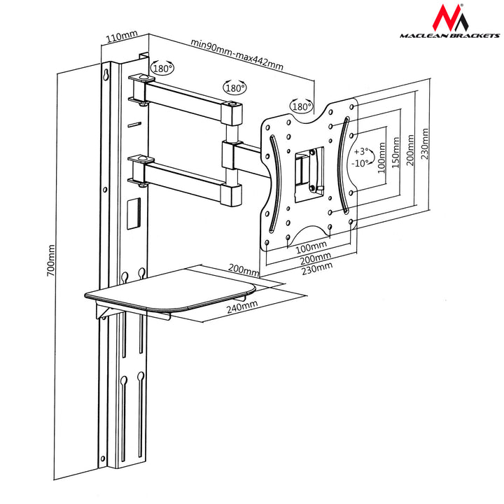 Porta TV con ripiano per DVD Maclean, vesa 200x200 , 23"-42", 30kg, MC-771+HDMI 2.0 4K 3D UHD 1,8m CAVO 48 bit
