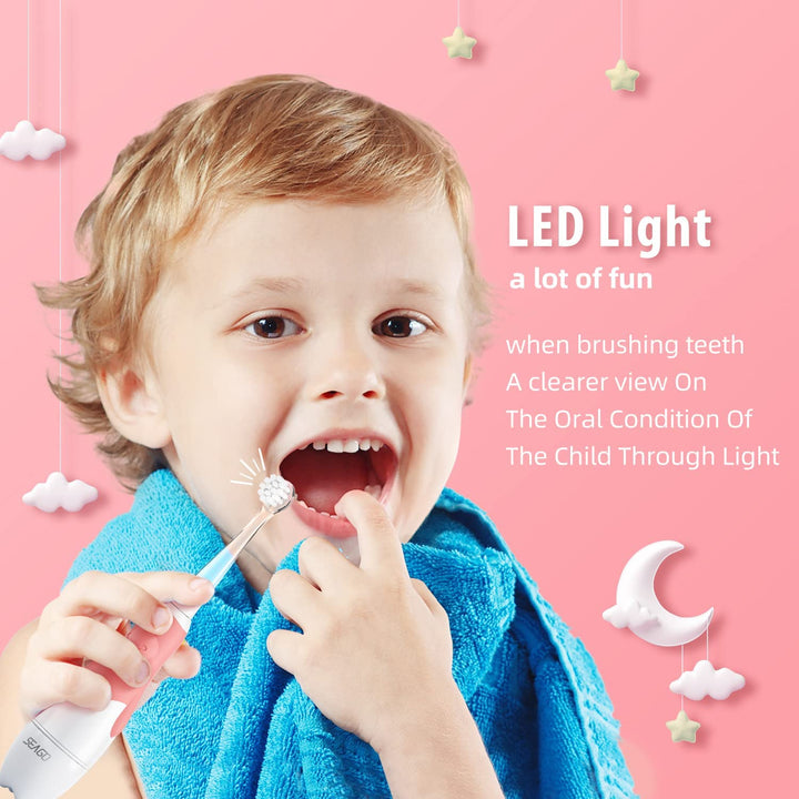 Spazzolino sonico per bambini SEAGO, colore rosa, 1xAA 1,5V (non incluso), 4 punte, SG-513 Pink + Set di spazzolini di ricambio per SG-513, SG-977 SEAGO, 4 pezzi, colore trasparente, SG-513 Refill