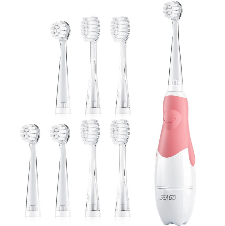 Spazzolino sonico per bambini SEAGO, colore rosa, 1xAA 1,5V (non incluso), 4 punte, SG-513 Pink + Set di spazzolini di ricambio per SG-513, SG-977 SEAGO, 4 pezzi, colore trasparente, SG-513 Refill