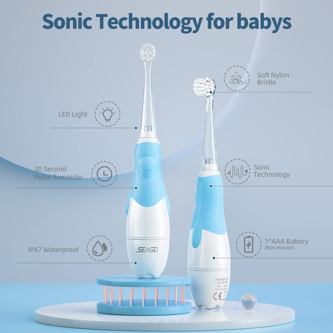 Spazzolino sonico per bambini SEAGO, colore blu, 1xAA 1,5V (non incluso), 4 punte, SG-513 Blue + Set di spazzolini di ricambio per SG-513, SG-977 SEAGO, 4 pezzi, colore trasparente, SG-513 Refill