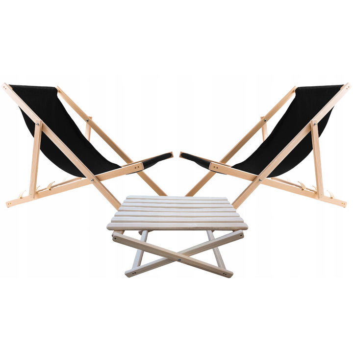 Set di 2 sedie da spiaggia+ tavolino in legno, colore nero Woodok