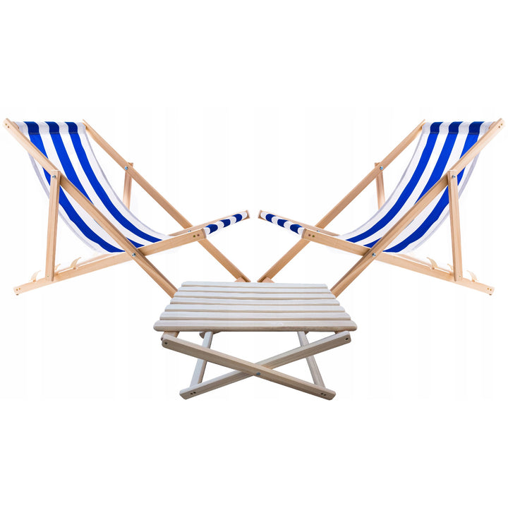 Set di 2 sedie da spiaggia, colore righe blu + tavolino in legno Woodok
