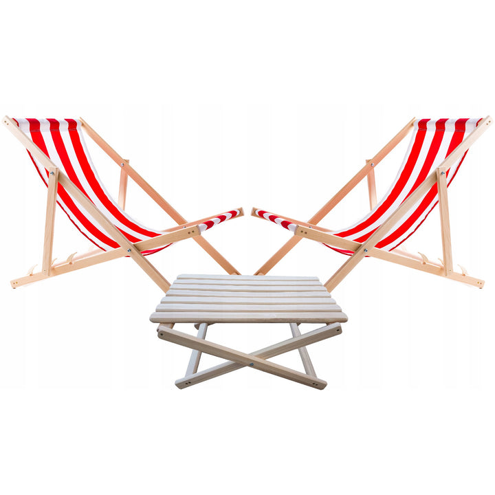 Set di 2 sedie da spiaggia a righe rosse + tavolino in legno Woodok