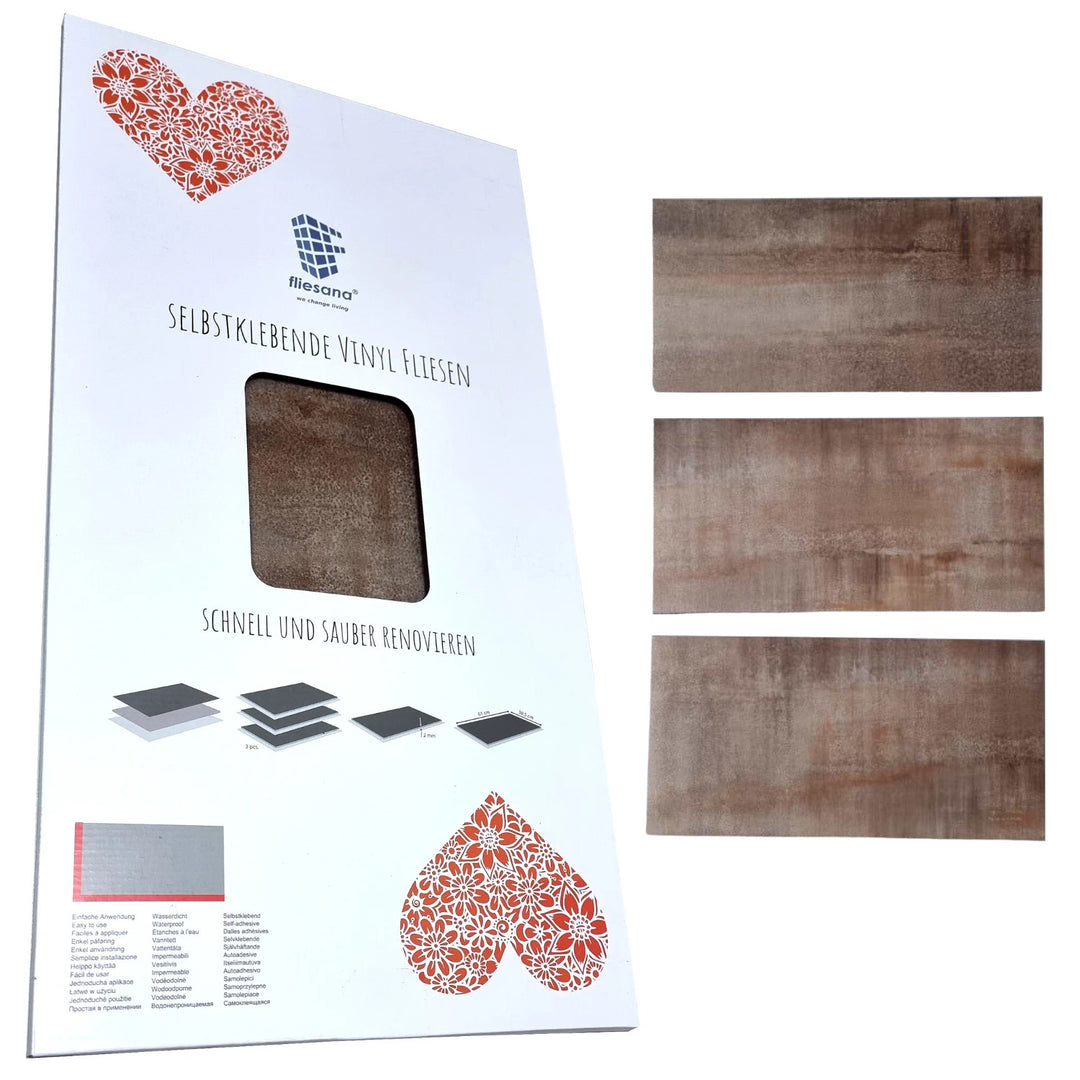 Piastrelle autoadesive per pareti e pavimenti Fliesana, set di 3, impermeabili, design in pietra naturale, color ruggine