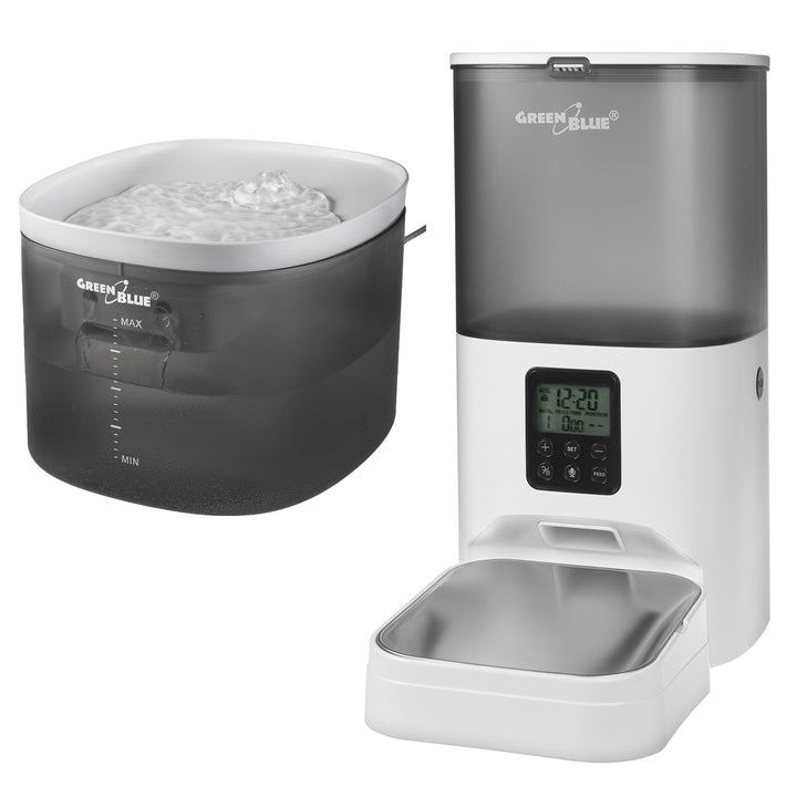 GreenBlue distributore automatico di acqua / abbeveratoio per animali domestici, 3L, USB 5V1A, GB392 + GreenBlue distributore automatico di cibo per animali domestici / mangiatoia, 6L, USB 5V1A, GB393