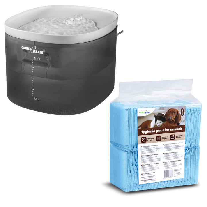 GreenBlue distributore automatico di acqua/abbeveratoio per animali domestici, 3L, USB 5V1A, GB392 + GreenBlue tappetini igienici per cani/gatti, per l'addestramento alla pipì degli animali domestici, 60x40cm, 50 pezzi, GB495