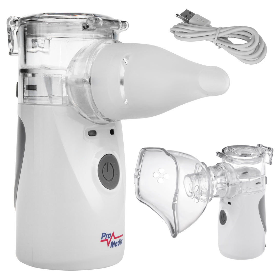 Nebulizzatore inalatore cordless portatile/manuale Promedix, kit, maschere, PR-835 + termometro medico a infrarossi senza contatto Promedix PR-960