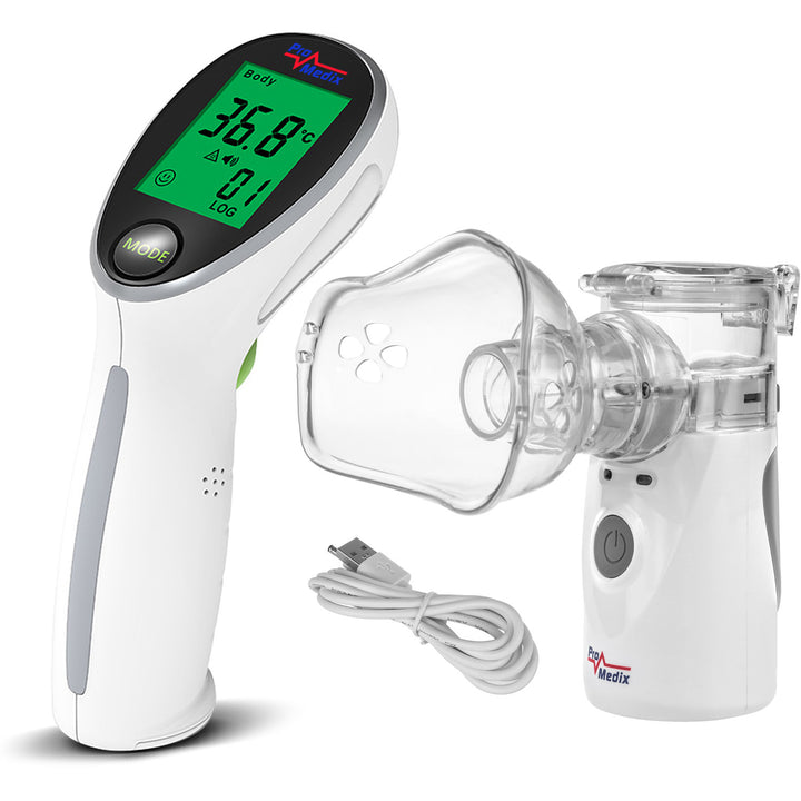 Nebulizzatore inalatore cordless portatile/manuale Promedix, kit, maschere, PR-835 + termometro medico a infrarossi senza contatto Promedix PR-960