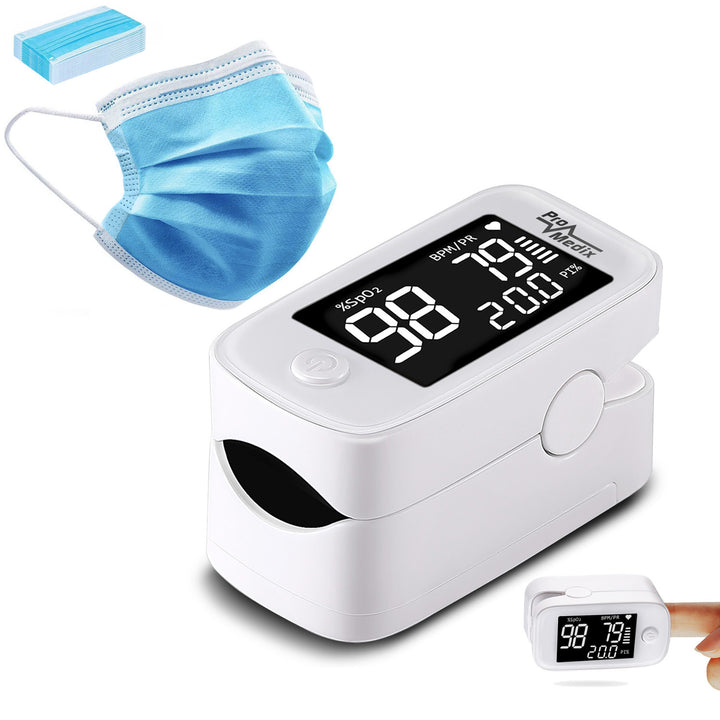 Promedix PR-870 1,5" HD LED pulsossimetro medico + 2x Maschere mediche CE EN 14683:2019 - set - colore blu 10 pezzi Promedix PR-280 BFE&gt;98%.