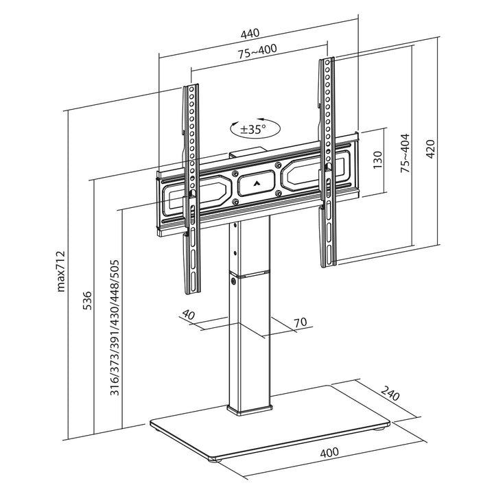 Supporto TV universale Maclean, per mobile RTV, supporto, max. 40 kg, max. VESA 400x400, regolazione in altezza e angolazione, per TV 32-65", MC-124