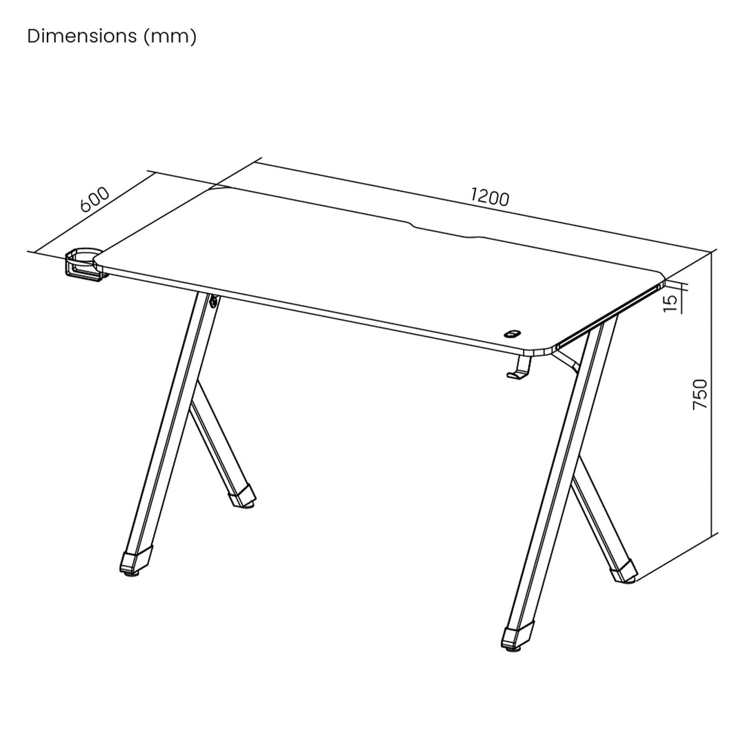 Scrivania da gioco NanoRS, nera, con supporto per cuffie e tazze, retroilluminazione RGB, max. 75 kg, dimensioni 1200x600x750 mm, RS102