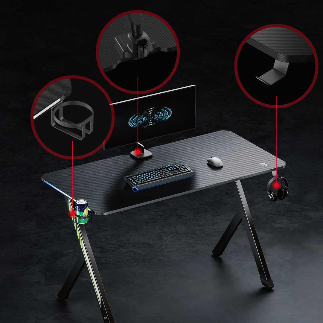 Scrivania da gioco NanoRS, nera, con supporto per cuffie e tazze, retroilluminazione RGB, max. 75 kg, dimensioni 1200x600x750 mm, RS102