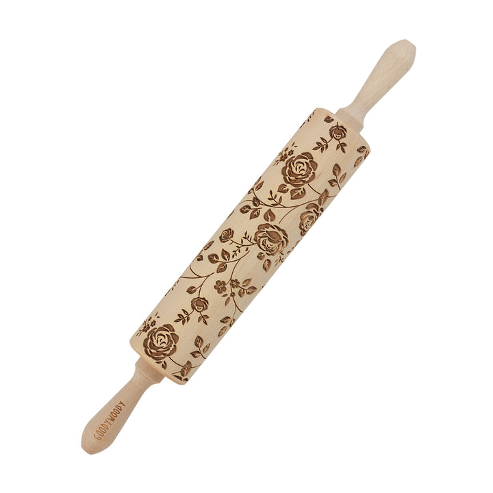 Rullo per dolci inciso Goody Woody, 46 cm, legno di faggio, disegno di rosa selvatica