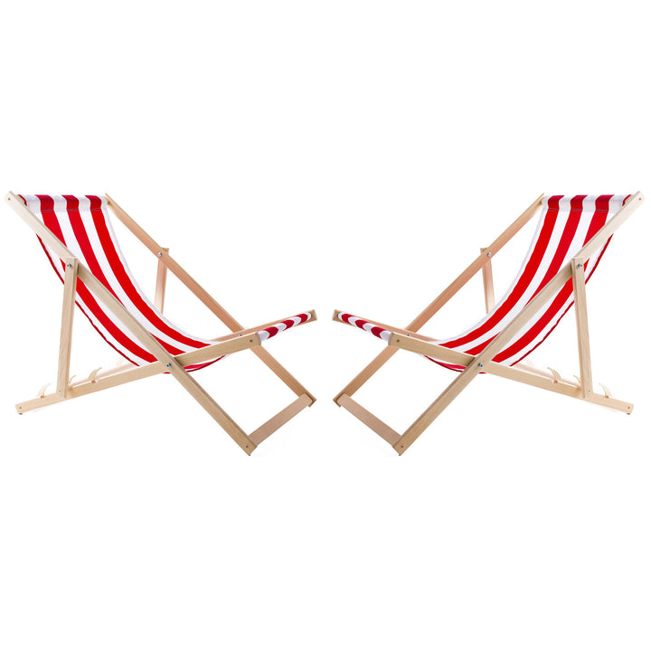 2 comode sedie a sdraio in legno, a strisce rosse, ideali per la spiaggia, il balcone, la terrazza, assemblate
