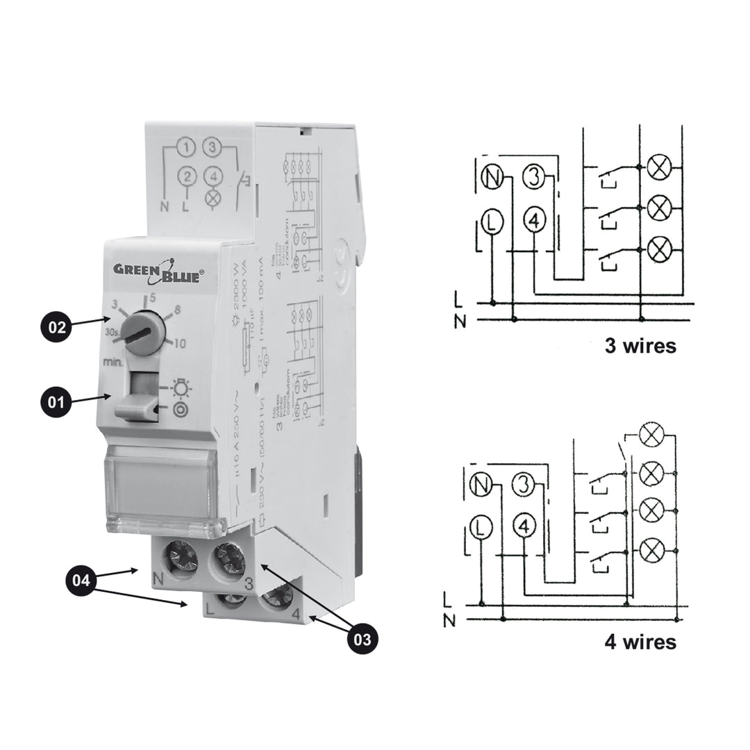 GreenBlue Illuminazione automatica per scale su guida DIN, controllo 30s-10m, max 2300 W, GB114, 3 unità