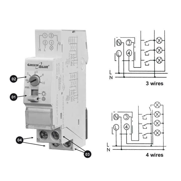 GreenBlue Illuminazione automatica per scale su guida DIN, controllo 30s-10m, max 2300 W, GB114, 3 unità