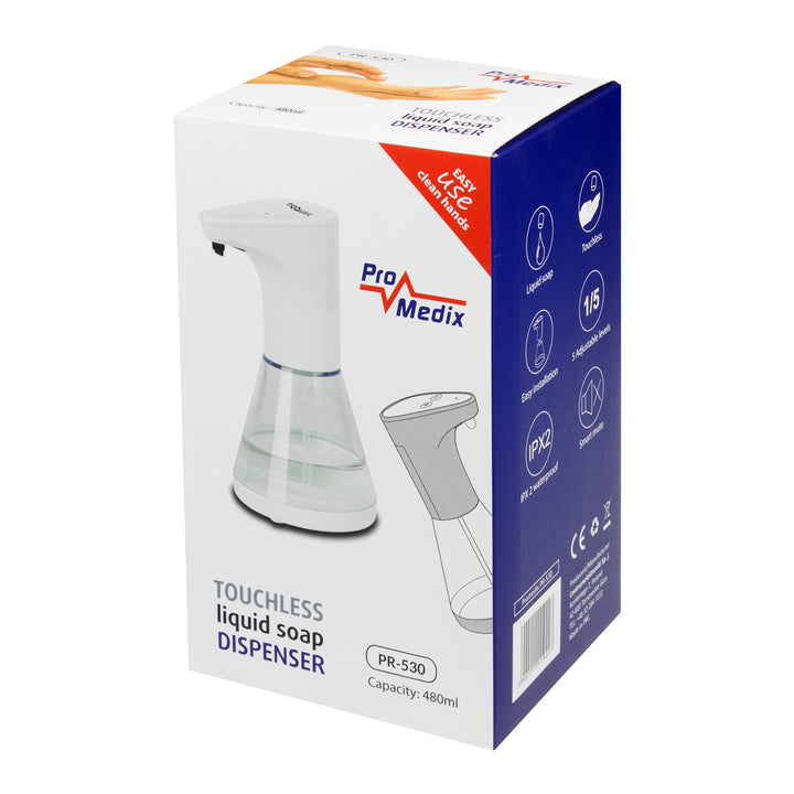 Distributore automatico Promedix, contenitore per saponi liquidi, liquidi disinfettanti, 480 ml, 4xAA PR-530 + 4x batterie Varta Industrial LR6/AA R-06