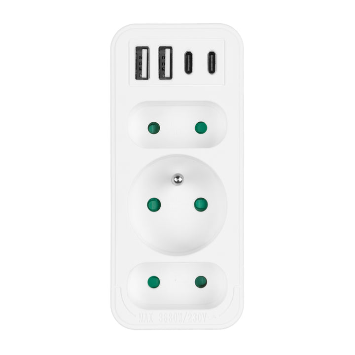 Presa di corrente x3 + 4xUSB Maclean, splitter a 3 prese, 2xUSB A, 2xUSB C PD 20W, 1x16A + 2x6A, MCE248 F/W