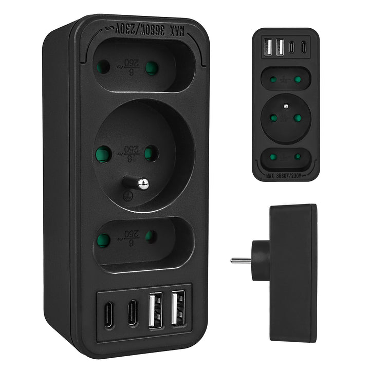 Presa di corrente x3 + 4xUSB Maclean, splitter a 3 prese, 2xUSB A, 2xUSB C PD 20W, 1x16A + 2x6A, MCE248 F/B