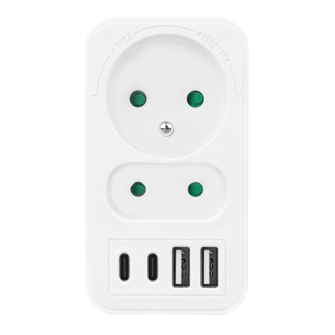 Presa di corrente Maclean x2 + 4xUSB, splitter con 2 prese, 2xUSB A, 2xUSB C PD 20W, 1x16A + 1x6A, MCE249 F/W