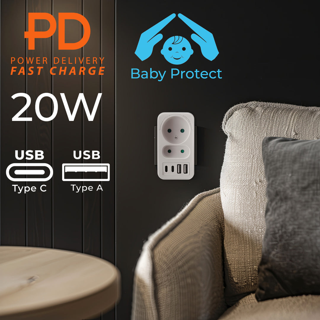 Presa di corrente Maclean x2 + 4xUSB, splitter con 2 prese, 2xUSB A, 2xUSB C PD 20W, 1x16A + 1x6A, MCE249 F/W