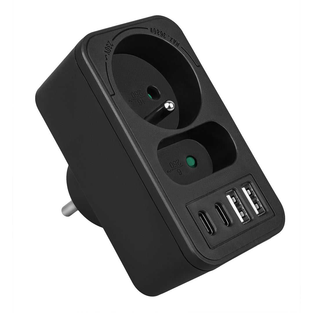 Presa di corrente Maclean x2 + 4xUSB, splitter con 2 prese, 2xUSB A, 2xUSB C PD 20W, 1x16A + 1x6A, MCE249 F/W