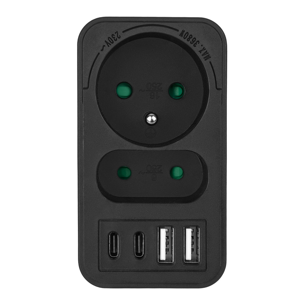 Presa di corrente Maclean x2 + 4xUSB, splitter con 2 prese, 2xUSB A, 2xUSB C PD 20W, 1x16A + 1x6A, MCE249 F/W