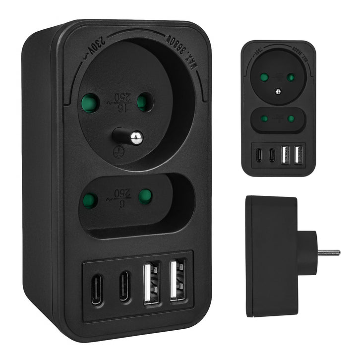 Presa di corrente Maclean x2 + 4xUSB, splitter con 2 prese, 2xUSB A, 2xUSB C PD 20W, 1x16A + 1x6A, MCE249 F/W