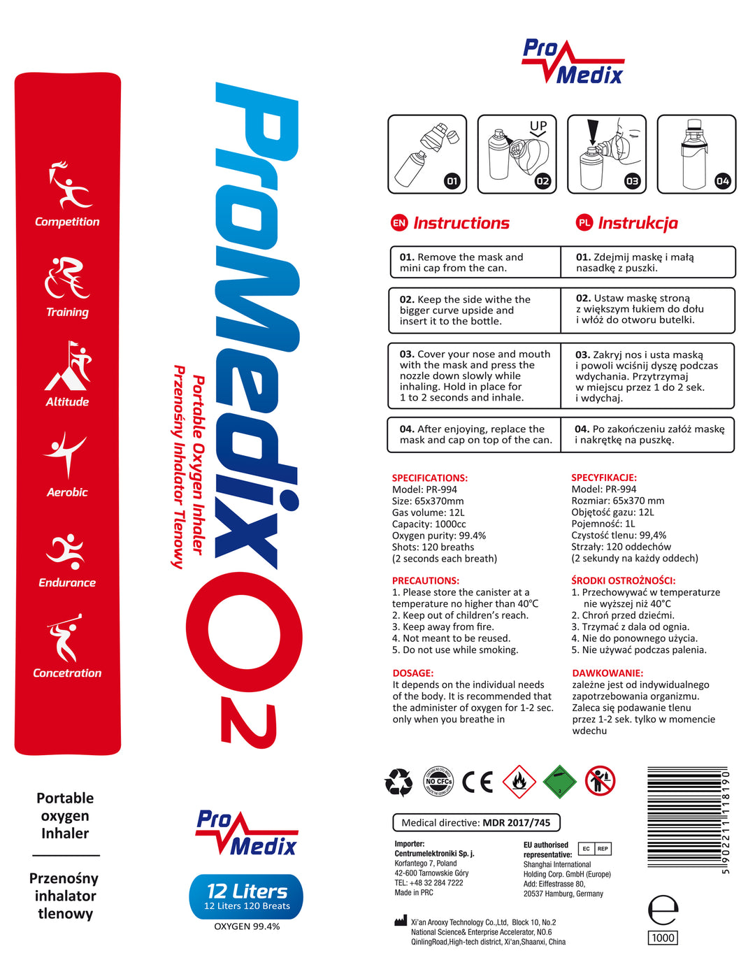Inalatore portatile di ossigeno in bombola al 99,4% Promedix 12L, PR-994, 4 unità