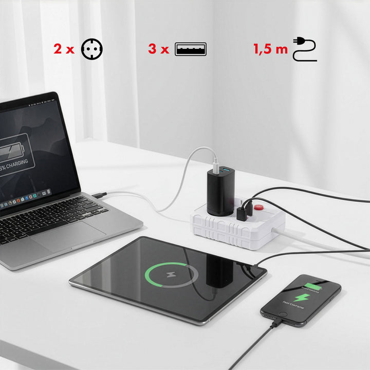 Ciabatta elettrica Maclean, cavo di prolunga 2 prese + 3xUSB, 110-240V AC 50/60Hz, 2,1A max 2500W, 1,5m, bianco, MCE387 W