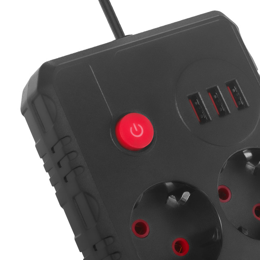 Ciabatta elettrica Maclean, cavo di prolunga a 2 prese + 3xUSB, 110-240V AC 50/60Hz, 2,1A max 2500W, 1,5m, nero, MCE387 B