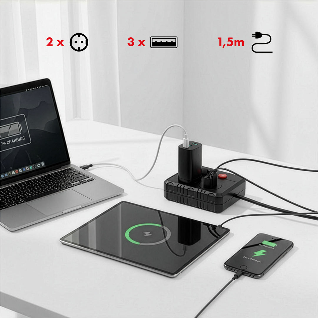 Ciabatta elettrica Maclean, cavo di prolunga a 2 prese + 3xUSB, 110-240V AC 50/60Hz, 2,1A max 2500W, 1,5m, nero, MCE387 B