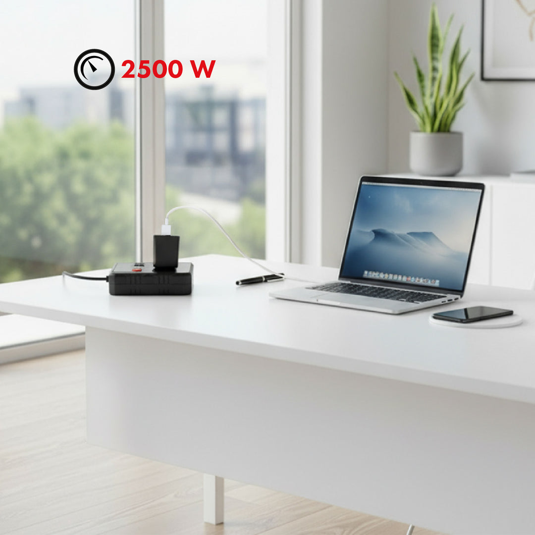 Ciabatta elettrica Maclean, cavo di prolunga a 2 prese + 3xUSB, 110-240V AC 50/60Hz, 2,1A max 2500W, 1,5m, nero, MCE387 B