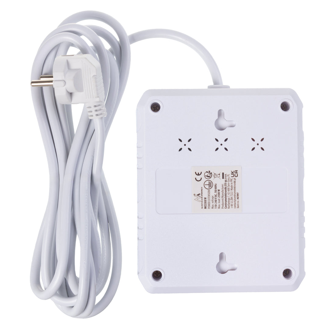 Ciabatta elettrica Maclean, cavo di prolunga 2 prese + 3xUSB, 110-240V AC 50/60Hz, 2,1A max 2500W, 3 m, bianco, MCE388 W