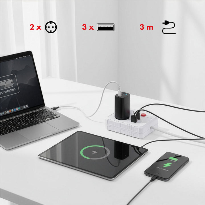 Ciabatta elettrica Maclean, cavo di prolunga 2 prese + 3xUSB, 110-240V AC 50/60Hz, 2,1A max 2500W, 3 m, bianco, MCE388 W