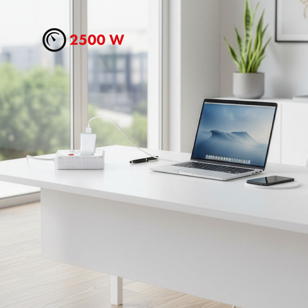 Ciabatta elettrica Maclean, cavo di prolunga 2 prese + 3xUSB, 110-240V AC 50/60Hz, 2,1A max 2500W, 3 m, bianco, MCE388 W