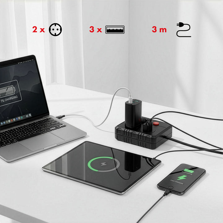 Ciabatta elettrica Maclean, cavo di prolunga 2 prese + 3xUSB, 110-240V AC 50/60Hz, 2,1A max 2500W, 3 m, nero, MCE388 B